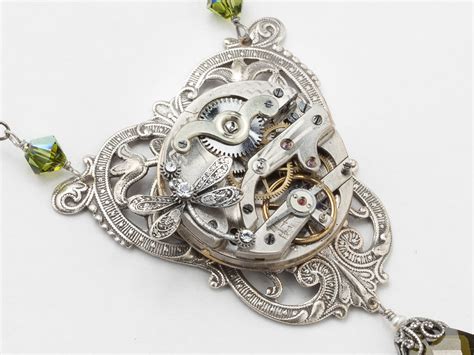 Steampunk Necklace Pocket Watch Movement Silver Dragonfly Leaf Flower