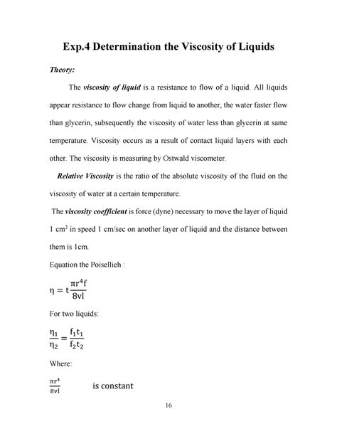 Lab Report Viscosity Of Fluid Exp Determination The Viscosity Of