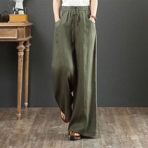 NSL Korean Elastic Waist Wide Leg Loose Pants Plain Pockets Square