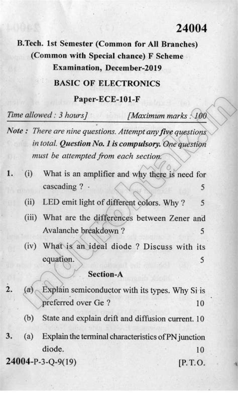 Basics Of Electronics Question Paper B Tech 1st Year December 2019