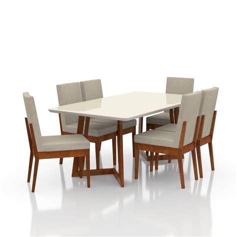 Conjunto Mesa Vidro Pés Madeira Maciça 6 Cadeiras Madeira Dakota