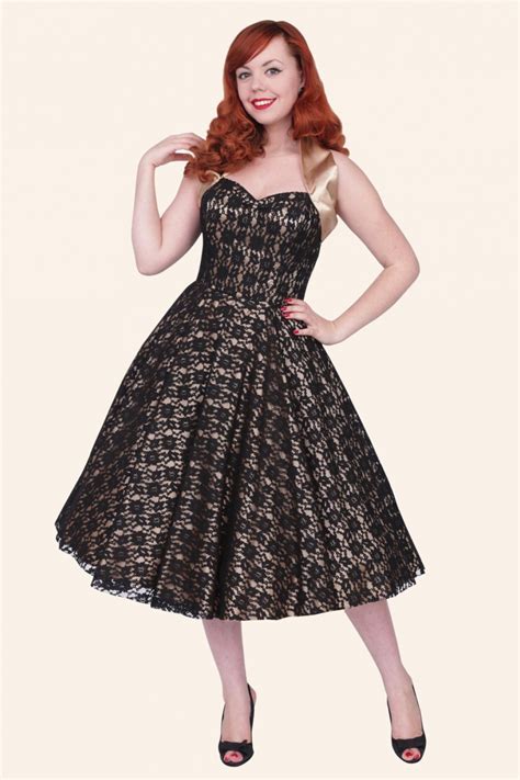 1950s Retro Halter Luxury Champagne Satin Black Lace Swing Dress