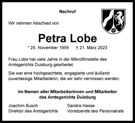 Traueranzeigen Von Petra Lobe Trauer In NRW De