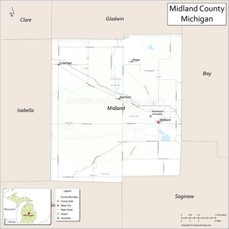 Map of Midland County, Michigan showing cities, highways & important ...