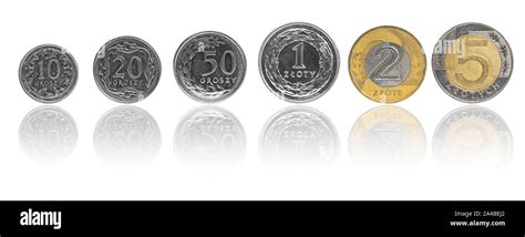 Six Polish currency coins (PLN or "złoty") isolated on white background ...