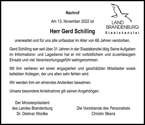 Traueranzeigen Von Gerd Schilling Trauer Anzeigen De