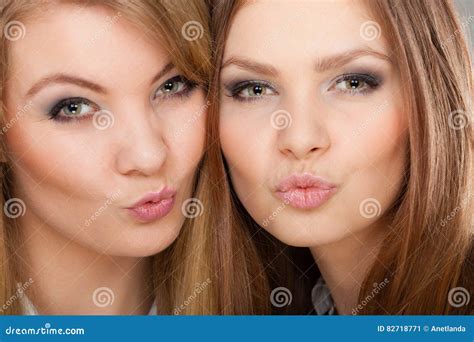 Two Beautiful Women Blonde And Brunette Having Fun Stock Image Image Of Hairstyle Happy