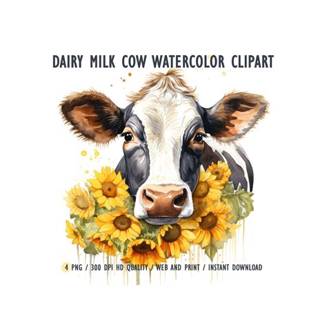 Watercolor Cow With Sunflowers, PNG, Sublimation Design, Cute Dairy Cow ...