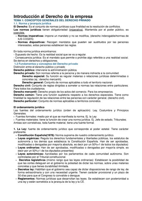 Intro Derecho Tema 1 Derecho Privado Introducción Al Derecho De La Empresa Tema 1 Conceptos