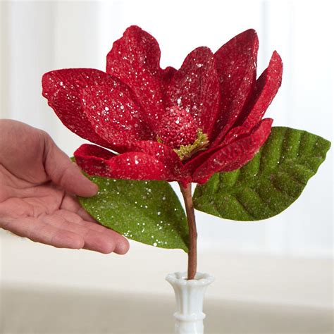 Red Glittered Artificial Magnolia Stem Picks Sprays Florals Craft Supplies Factory