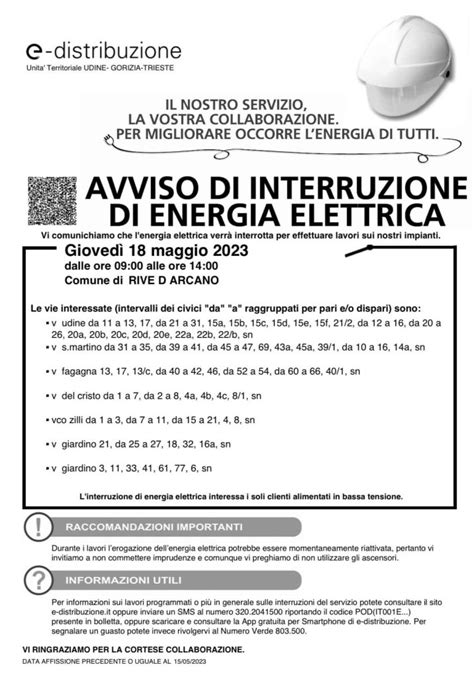 RIVE DARCANO E RIVOTTA INTERRUZIONE DI ENERGIA ELETTRICA GIOVEDÌ 18