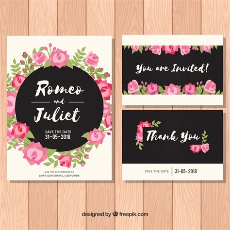 Ensemble D Invitations De Mariage Avec Des Fleurs Roses Vecteur Gratuite