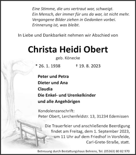 Traueranzeigen Von Christa Heidi Obert Trauer Anzeigen De