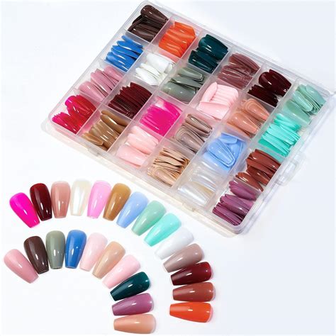 576PCS Coffin Press On Nails Medium Length 24 Solid Color Acrylic False