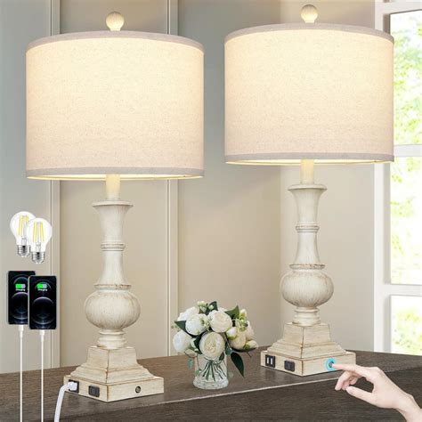 Cinkeda Farmhouse Touch Table Lamps Set Of 2 With Usb Type C Port Ac Outlet 26 Vintage Resin