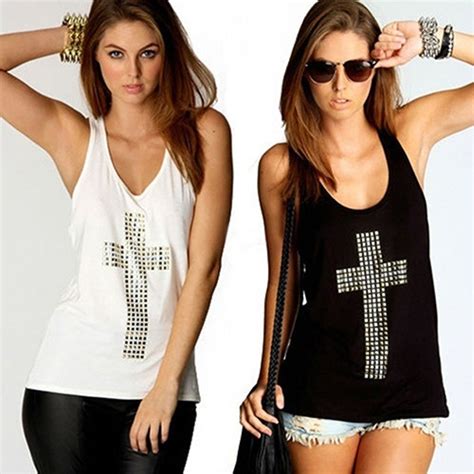 Rhinestones Tank Top Cross Pattern Bellechic