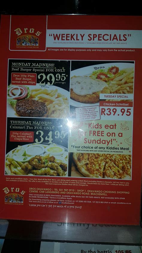 Menu At Dros Okavango Restaurant Cape Town Okavango Crossing Shopping