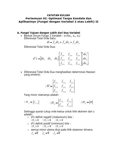 CATATAN KULIAH Pertemuan XI Optimasi Tanpa Kendala Dan Aplikasinya