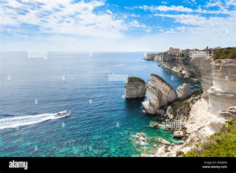 View Of Bonifacio Old Town Built On Top Of Cliff Rocks Corsica Island