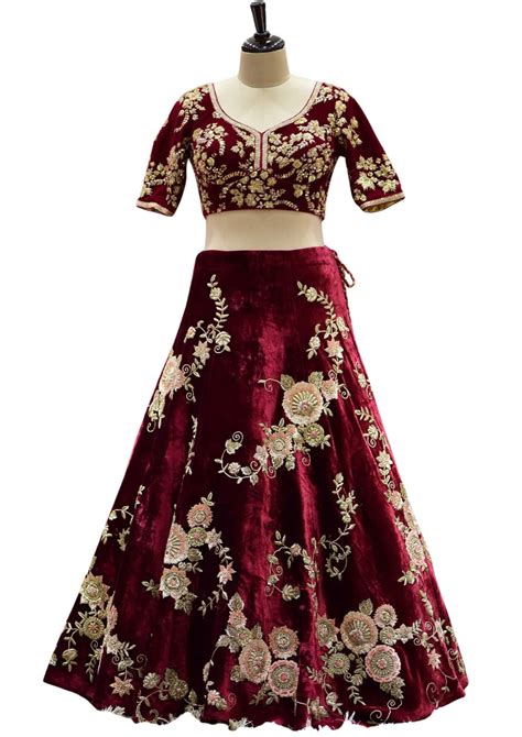 Maroon Cutdana Embroidered Velvet Bridal Lehenga Getethnic