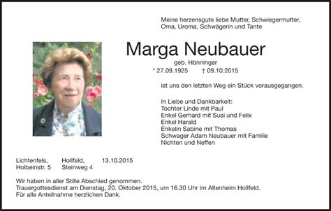 Traueranzeigen Von Marga Neubauer Nordbayerischer Kurier