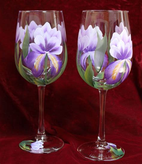 Hand Painted Wine Glasses Set Of 2 Purple Iris By Silkeleganceflorals On Decorated Wine