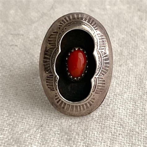 Vintage Navajo Shadow Box Coral Ring Statement Size Gem