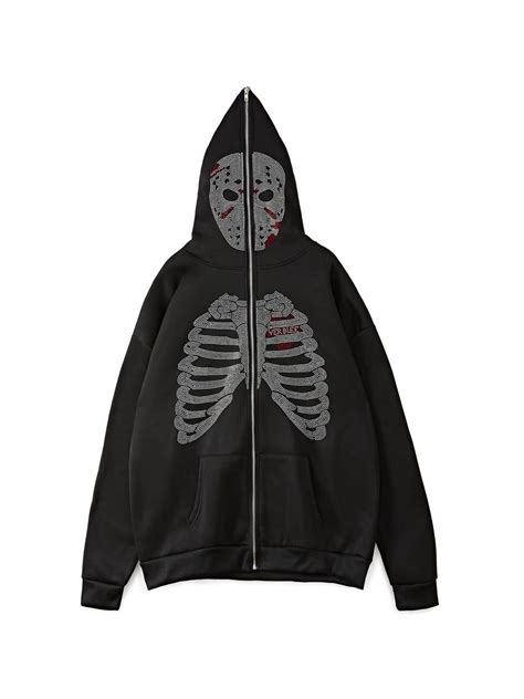 Emmiol Free Shipping 2023 Men S Halloween Rhinestone Skull Zip Up