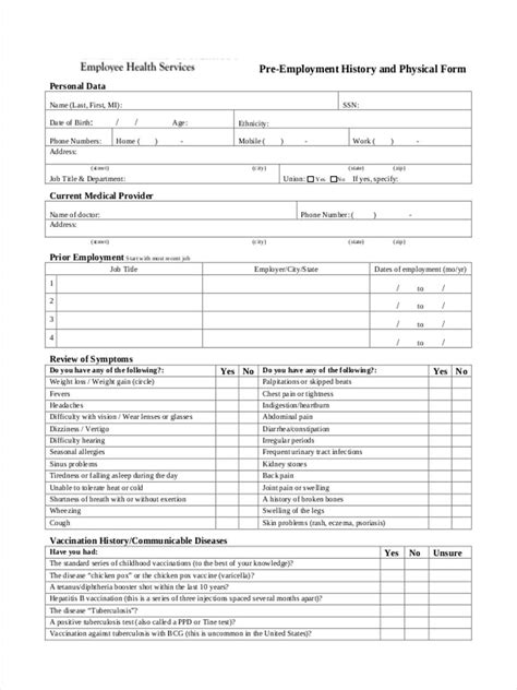 Printable Pre Employment Physical Form