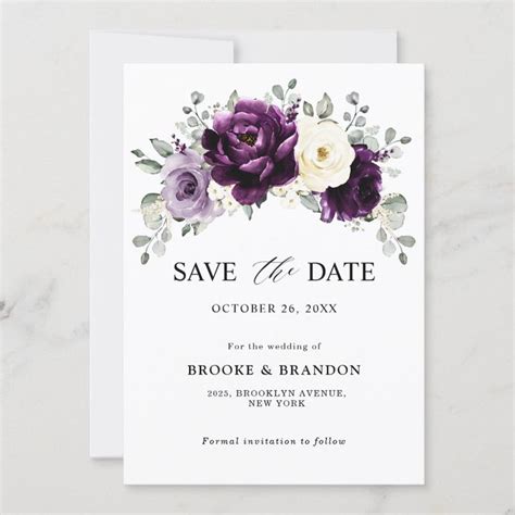 Eggplant Purple Plum Ivory White Floral Wedding Save The Date Zazzle