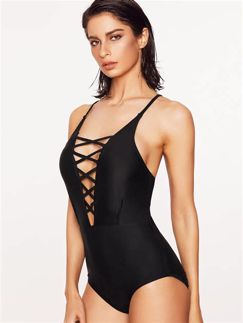 Criss Cross Plunge Neck One Piece Swimwear Shein Sheinside