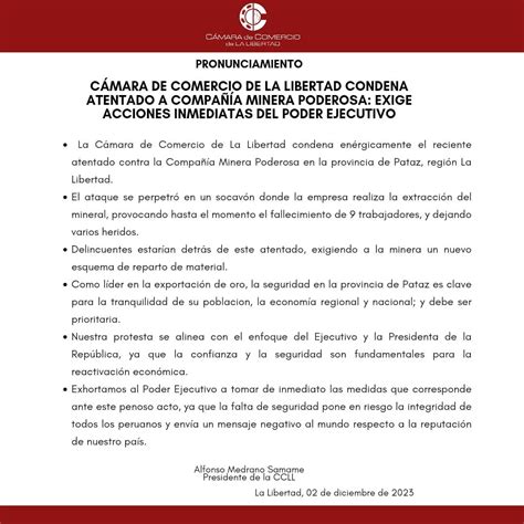 CÁMARA DE COMERCIO DE LA LIBERTAD CONDENA ATENTADO A COMPAÑÍA MINERA