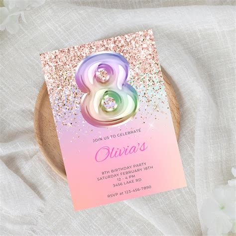 Editable 8th Birthday Invitation Template Pink Glitter Rainbow