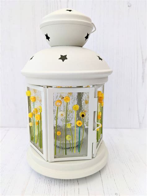 Yellow Floral Fused Glass Lantern Colourful Flowers Garden Decor T For Her Candle Holder