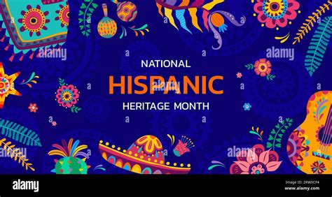 National Hispanic Heritage Month Banner With Tropical Flowers And Sombrero Holiday Festival