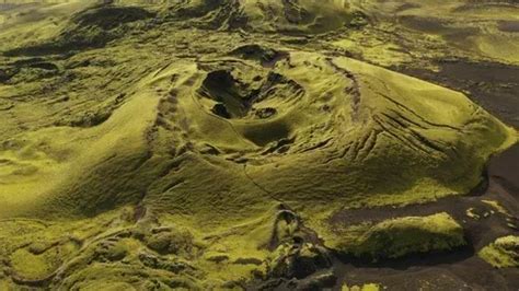 Aerial Of Lakagigar Green Volcanic Crate Stock Video Pond In