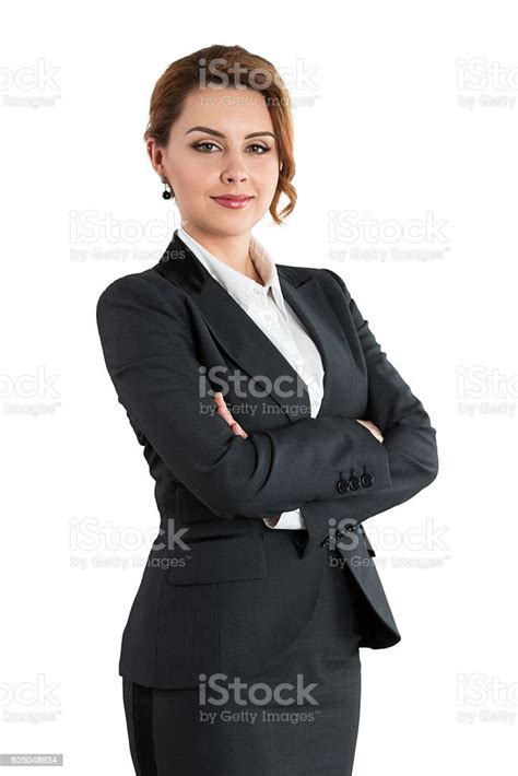 Portrait Of Smiling Business Woman With Folded Hands Isolated On Stock