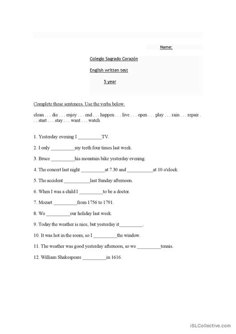 Class Test Simple Past General Gra Deutsch Daf Arbeitsbl Tter Pdf Doc