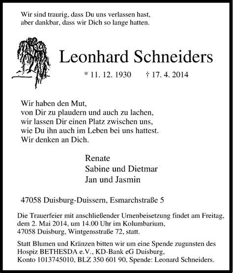 Traueranzeigen Von Leonhard Schneiders Trauer In Nrw De