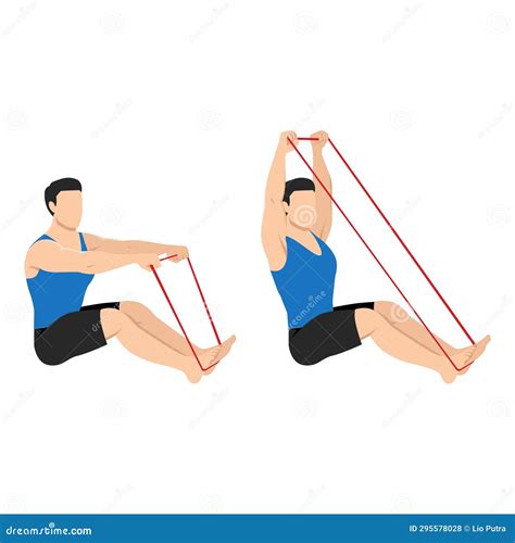 Man Doing Banded Or Resistance Band Seated Overhead Pull Exercise Stock