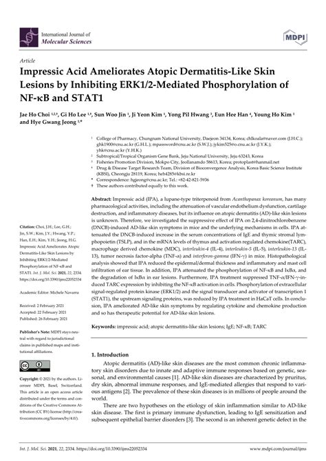 Pdf Impressic Acid Ameliorates Atopic Dermatitis Like Skin Lesions By