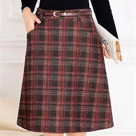 Skirts Womens Spring Autumn Woolen Skirt Casual Slim A Line Plaid Knee