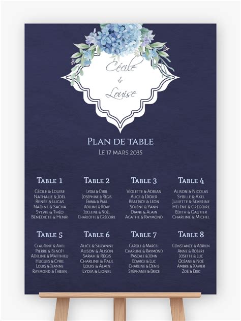 Plan de table mariage à imprimer Hortensias bleus Support au choix