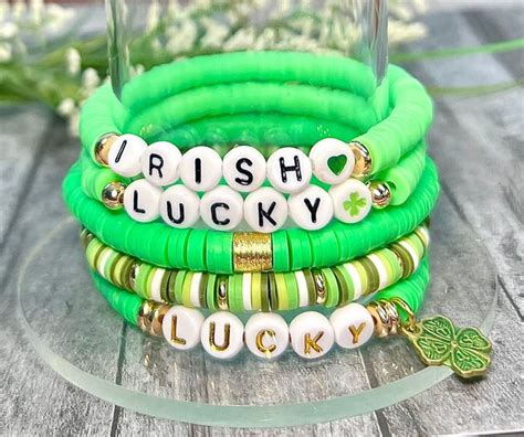 St Patricks Day Heishi Bracelet Custom Word Bracelet Green And Gold