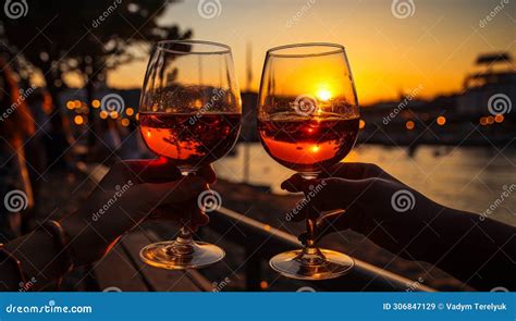 Two People Toasting With Wine Glasses Against A Beautiful Sunset Stock