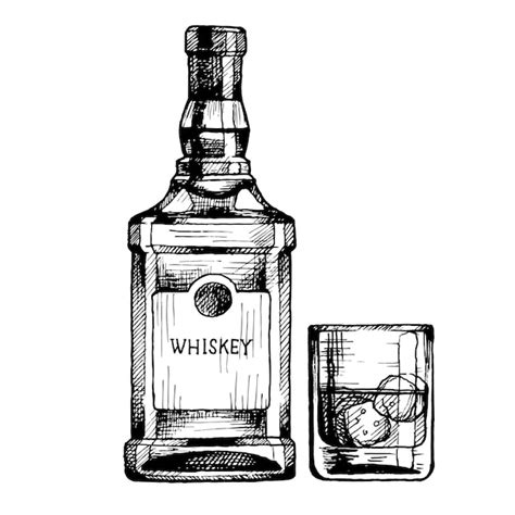 Botella dibujada a mano de whisky escocés con un vaso dibujo de tinta