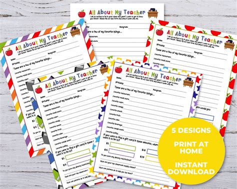 Teacher Questionnaire Teacher Survey All About My Teacher Printable