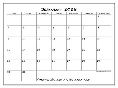 Calendrier janvier 2023 à imprimer 63LD Michel Zbinden LU