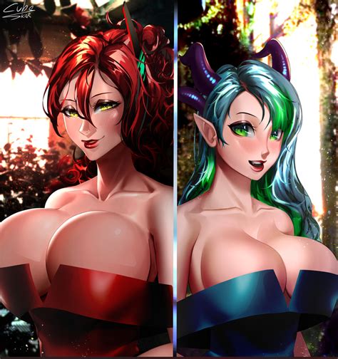 Rule 34 2girls Big Breasts Blue Hair Breast Comparison Breasts Breasts Bigger Than Head Busty