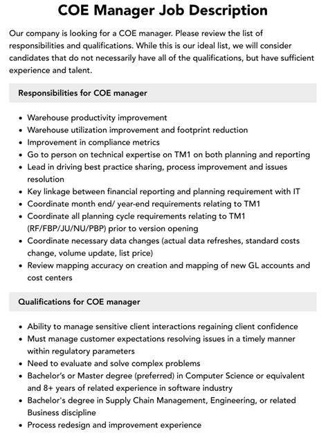 Coe Manager Job Description Velvet Jobs